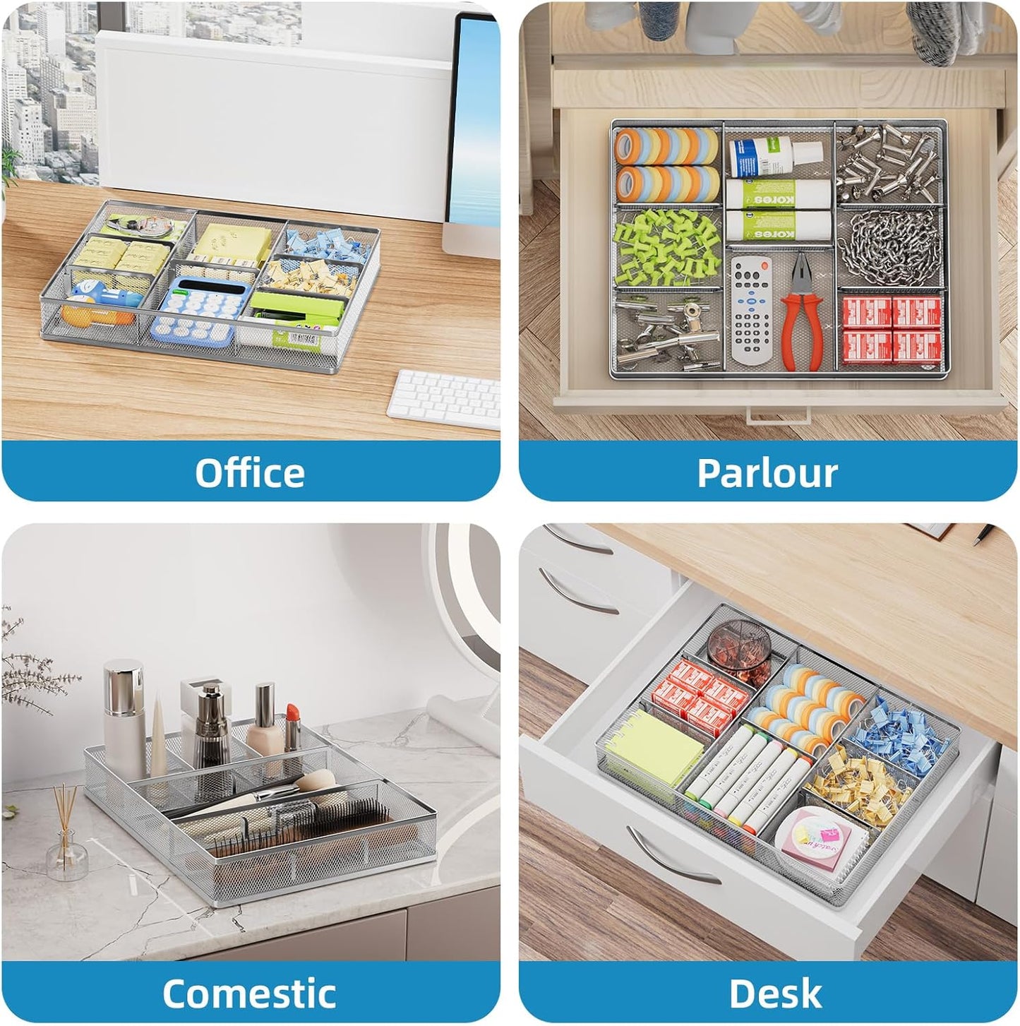 Marbrasse Desk Drawer Organizer, Metal Mesh Drawer Organizer Tray with 5 Adjustable Compartments,Desk Organizers and Accessories for Home,Office,Kitchen,Makeup,Vanity (Silver)