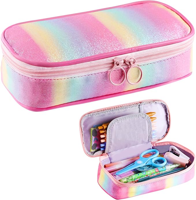 Glitter Rainbow Pencil Case for Girls, Large Capacity Pencil Pouch Pen Bag Organizer with 3 Compartments for Kids Student School Office Supplies, Cute Pencil Holder Pen Box (Glitter Rainbow)