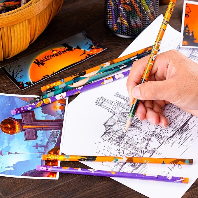 Kolewo4ever 200 Pieces Halloween Pencils Ghost Pumpkin Wood Pencils with Eraser Tops,Assortment Halloween Stationery Pencil for Halloween Party Favors, 12 Styles (200)