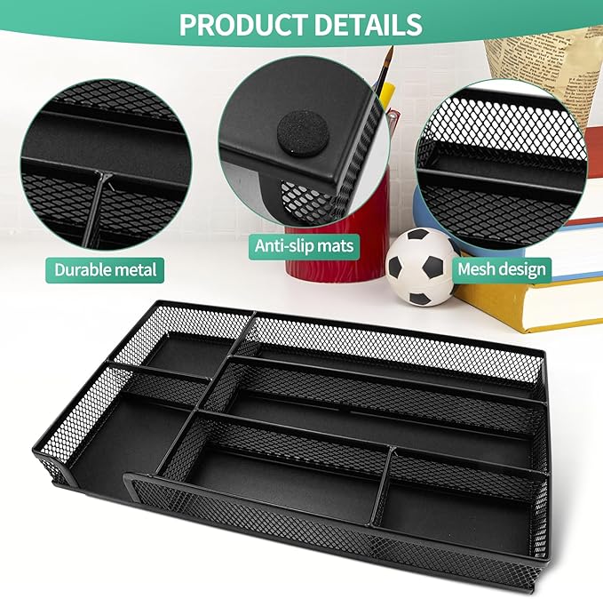 Small Metal Mesh Desk Drawer Organizer Tray for Paper, Office, Bathroom, Kitchen, Makeup & Vanity - Versatile Drawer Organizer