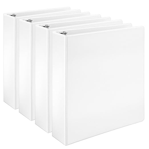 Amazon Basics 3 Ring Binders, 2 Inch, 4 Pack, D-Ring Organizer for School, Home Office, White