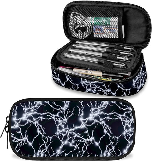 Lightning Large Pencil Case Big Capacity Black Pencil Pouch for Boys Girls Teen Women Men Adult, Portable Kids Pencil Bag with Zipper, Stationery Storage Pen Bag for School Supplies Office Organizer