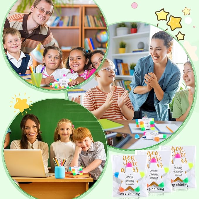 24 Sets Back to School Gifts for Students Star Highlighters with You're a Star Cards Gift Bags 5 in 1 Fluorescent Pens Affirmation Gifts for First Day of School Party Favor (Brave)