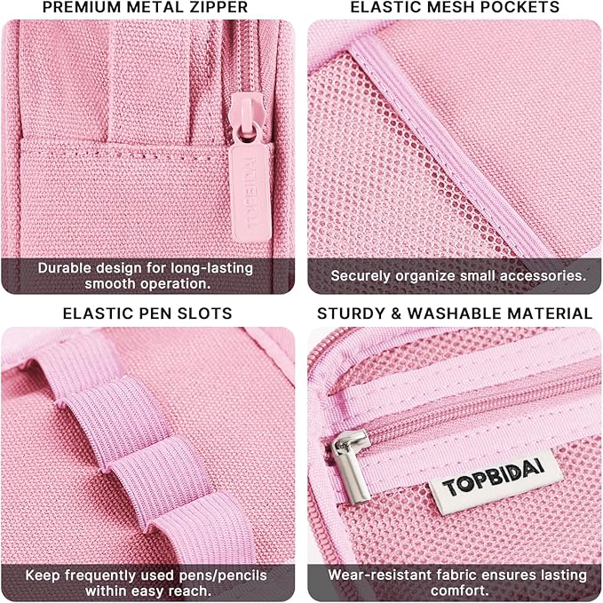 Large Pencil Case Pouch for Girls Women Kids Adults, Big Capacity Canvas Pencil Bag, Office College School Multi Compartment Zipper Stationery Pen Bag (Pink)