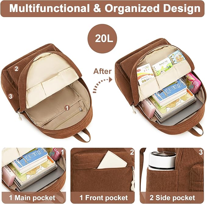 School Backpack for Teens Large Corduroy Bookbag Lightweight 15.6 inch Laptop Bag for Girls Women Casual High School College