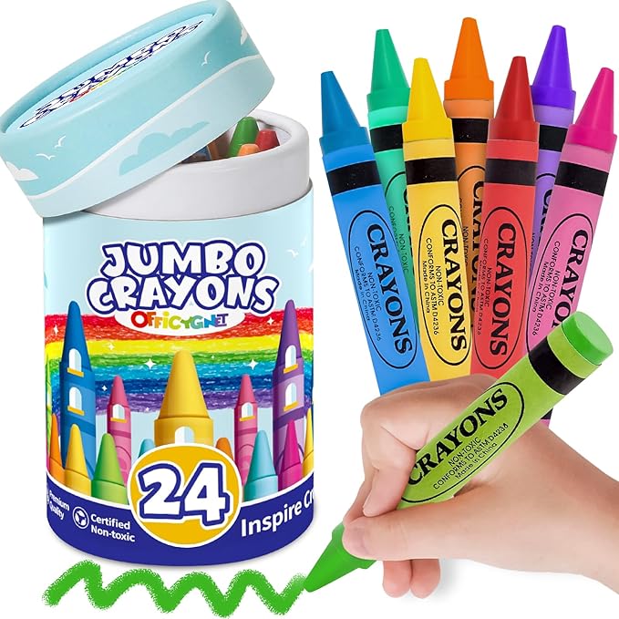 24 Colors Jumbo Crayons for Toddlers 1-3, Easy to Hold Large Crayons for Kids Ages 2-4, Non-Toxic Big Crayon for Kids Coloring & Art Supplies, Ideal Birthday Gift Easter Party Favor for Boys Girls