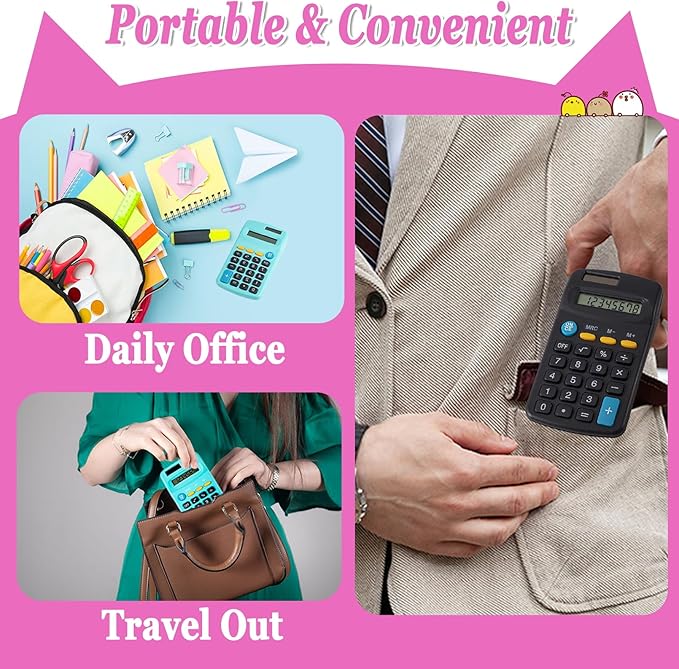 18 Pack Mini Pocket Calculators, Pocket Size Mini Calculators, 8 Digit Display Basic Calculator,Solar Battery Dual Power Function Calculator for Students Kids Home Office(9 Colors)