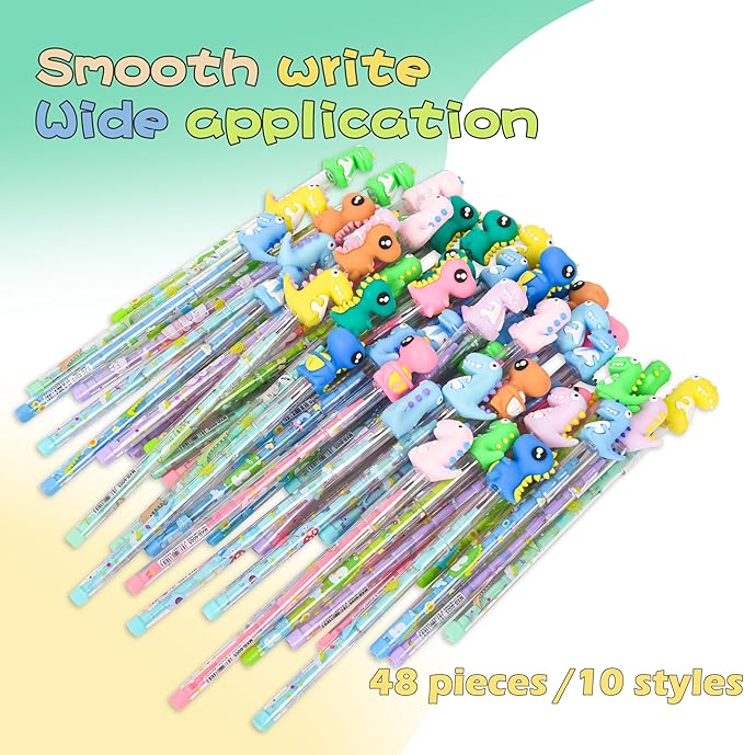 48 Pieces Cute Dinosaur Stackable Pencils Cartoon Dinosaur Party Favors Translucent Multi Point Push Fun Pencils.