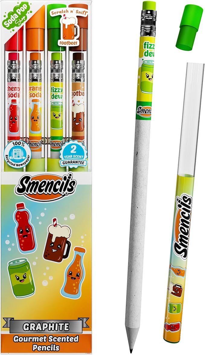 Smencils Soda Pop Shop Scented Pencils – HB #2 Graphite Pencils Made from Recycled Newspapers, 4 Pack, Long-Lasting Gourmet Scents, Fun School Supplies & Gifts for Kids, Teachers, Classroom Rewards