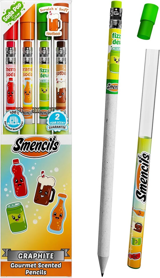 Smencils Soda Pop Shop Scented Pencils – HB #2 Graphite Pencils Made from Recycled Newspapers, 4 Pack, Long-Lasting Gourmet Scents, Fun School Supplies & Gifts for Kids, Teachers, Classroom Rewards