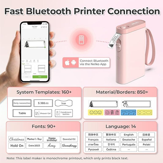 Nelko Label Maker Machine with Tape, P21 Bluetooth Label Printer, Wireless Mini Label Makers with Multiple Templates for School Office Home, Pink