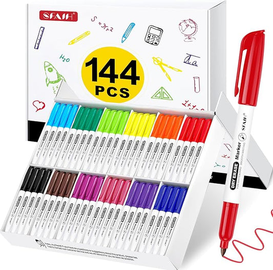SFAIH Dry Erase Markers Fine Tip 12 Colors, 144 Pack (12 Dozen) - Pre-Sorted in 12-Compartment Tray | Bulk Classroom Organization | Low Odor Whiteboard Markers| 5 Sizes:12/24/48/72/144 Packs