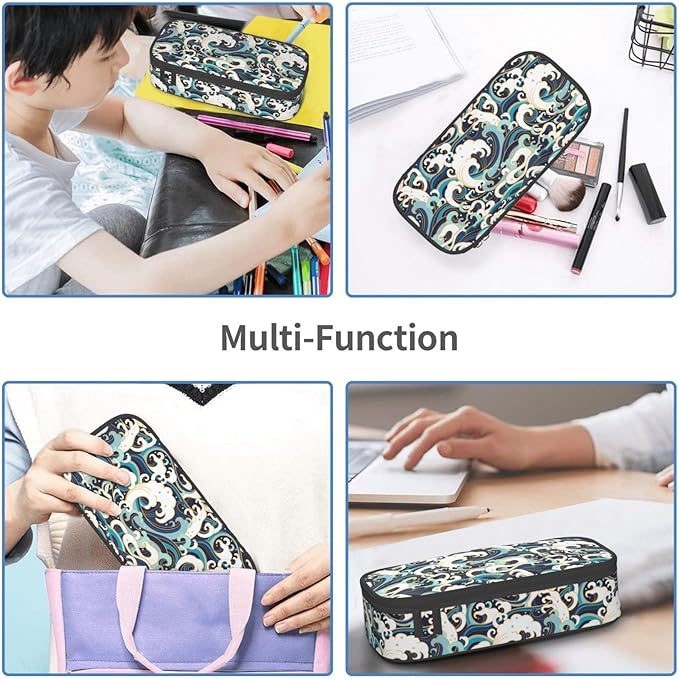 Japanese Ocean Waves Large Pencil Case With Zipper Compartments Stationery Pencil Bag For Kids Teens Students School Supplies