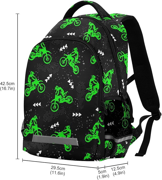 Green Motocross Backpack for Girls Kids Boys School Bookbags, Student Laptop Backpack Carrying Bag Casual Lightweight Travel Sports Day Packs