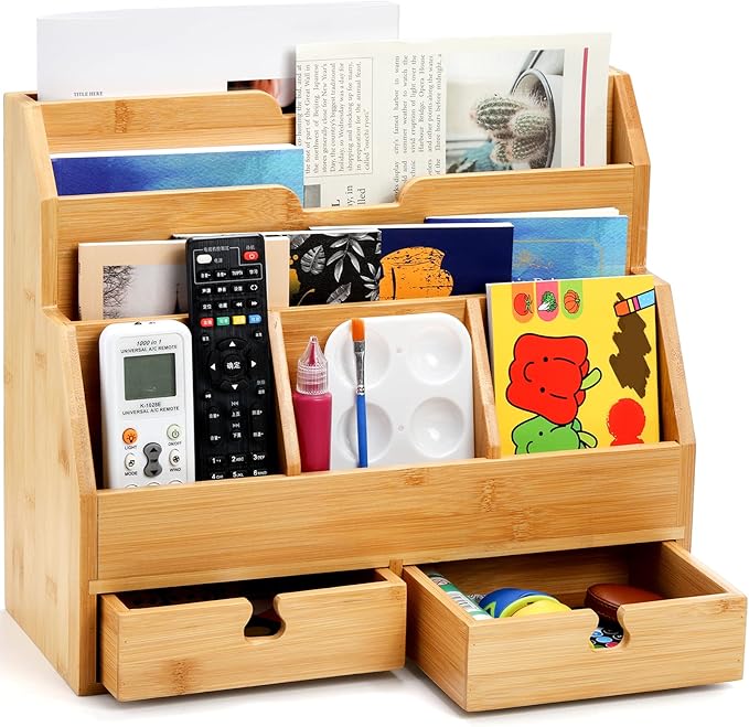 Youeon Bamboo Desk Mail Organizer with Drawers, Large Office Desk Organizer, Countertop Magazine File Holder, Desk Organizer and Sorter for File Letter Paper Office Supplies