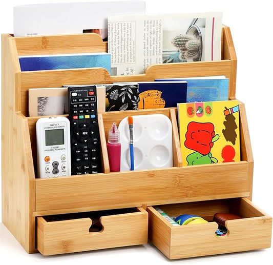 Youeon Bamboo Desk Mail Organizer with Drawers, Large Office Desk Organizer, Countertop Magazine File Holder, Desk Organizer and Sorter for File Letter Paper Office Supplies