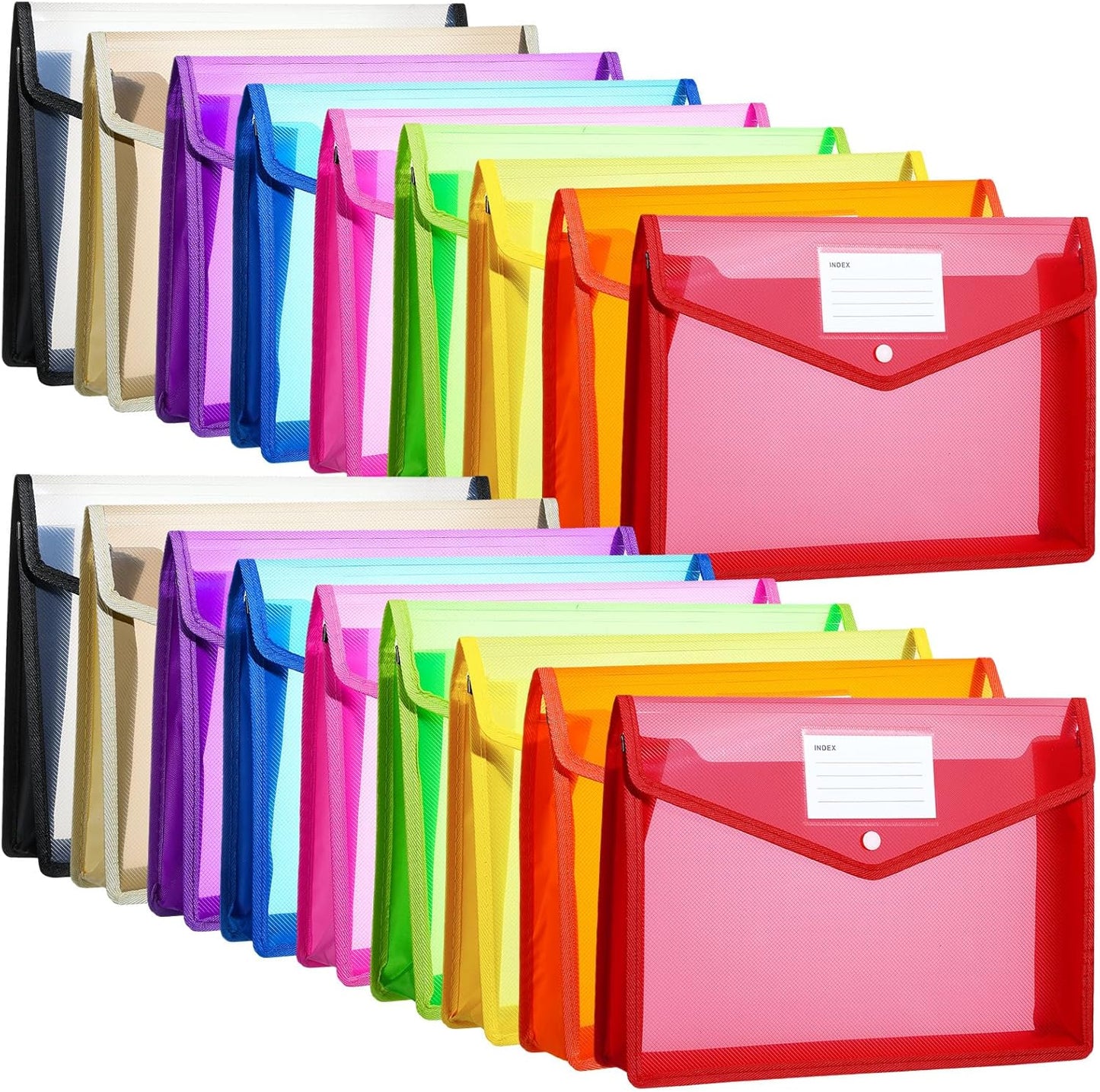 Zhanmai 18 Pcs Plastic File Folder Waterproof Transparent Expandable File Folder Organizer with Snap Closure Plastic Envelopes Document Folder Organizer with Label Pocket Waterproof File Pouch, A4, B4
