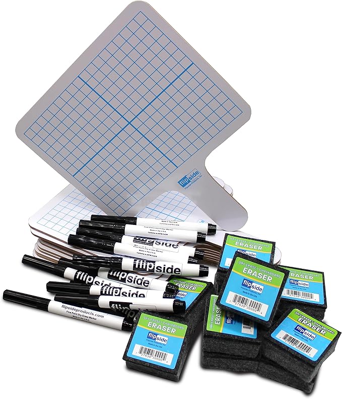 Flipside Products Double Sided Rectangular Graph Dry Erase Answer Paddles w/Black Dry Erase Marker and Erasers, Auction Handheld Whiteboard, Handle Response Board, 36 Pieces, Math Practice, 12 Set
