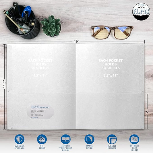 FILE-EZ Two-Pocket Folders, White, 25-Pack, Textured Paper, Letter Size (EZ-32510)