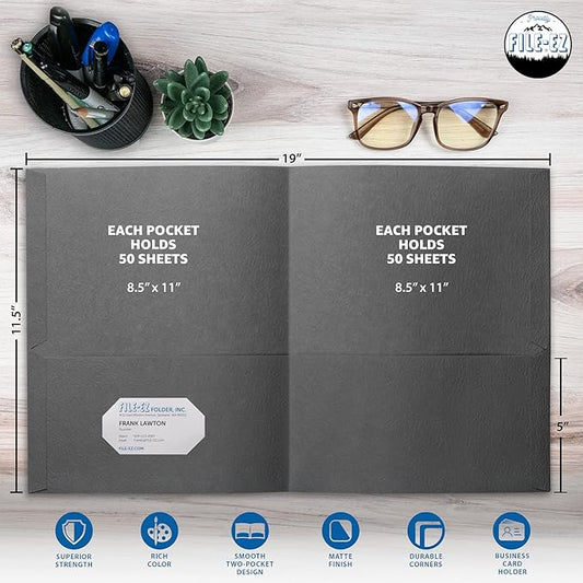 FILE-EZ Two-Pocket Folders, Dark Gray Color, 25-Pack, Textured Paper, Matte Finish, Letter Sheet Size (EZ-32531)
