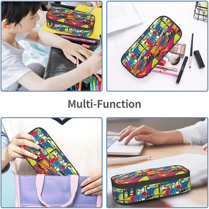 Cartoon Dinosaur Large Pencil Case With Zipper Compartments Stationery Pencil Bag For Kids Teens Students School Supplies