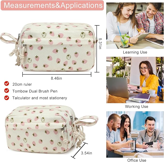 Bluboon Big Capacity Pencil Case Pencil Pouch Pen Case School Supplies Cute Pencil Box Pencil Bag for Teen Girls Boys Women Man (Strawberry Pink white)