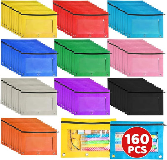 3 Ring Pencil Pouch,Bulk, 160 Packs Bulk Zipper Pencil Case in 10 Colors, Pencil Pouches with Clear Window for Storing School Office Supplies, Cloth Pencil Bag for 3 Hole Binder