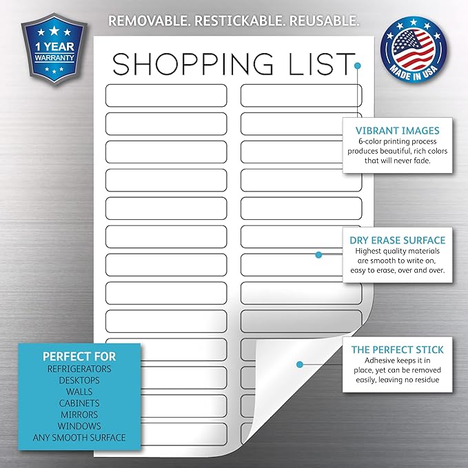 Dry Erase Shopping List Vinyl Sticker Decal Whiteboard by Glassboard Studio | Removable & Reusable | Magnetic Fine-Tip Marker Included (6 x 9 inches, White)