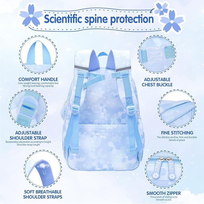 Lovely Girls Backpack School Bag for Students Kids Book Bag with Multiple Pockets Splash-proof Children's Backpack（17inch Set Blue）