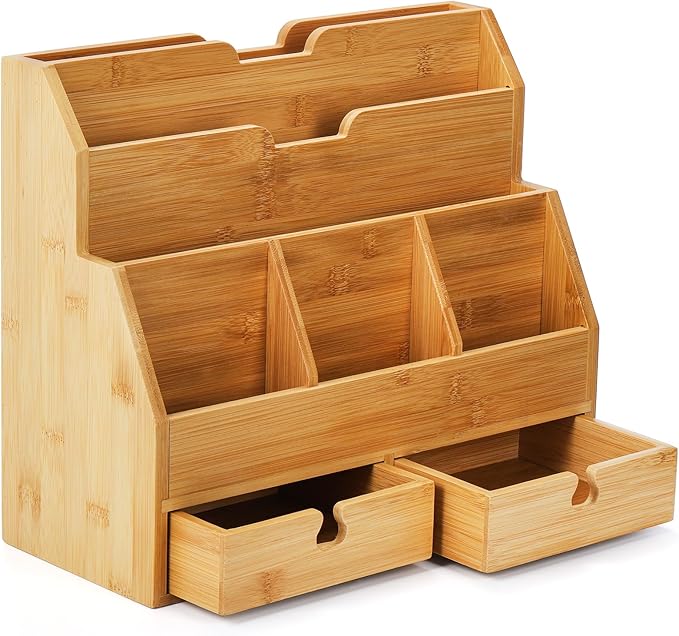 Youeon Bamboo Desk Mail Organizer with Drawers, Large Office Desk Organizer, Countertop Magazine File Holder, Desk Organizer and Sorter for File Letter Paper Office Supplies