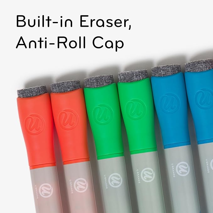 U Brands Bold Tip Liquid Glass Whiteboard Markers with Eraser for Glass Boards, Dry Erase Boards, and Chalk Boards, Assorted Bright Colors, Set of 12