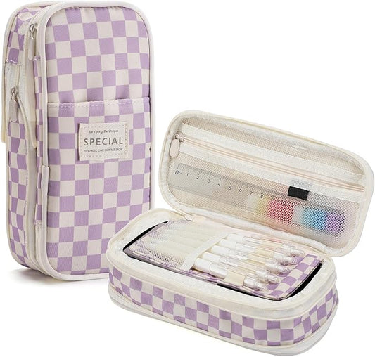Large Capacity Pencil Case for Teens Girls - Cute Checkerboard Pencil Pouch with Zipper, Stationery Bag Box for Student Back to School Gifts, Purple