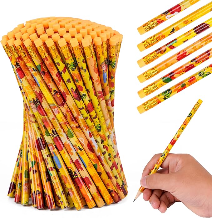 Kolewo4ever 100 Pieces Fall Pencils Thanksgiving Party Pencils Assortment Cylinder Wood Pencil Maple Leaf Autumn Turkey Pencil For Thanksgiving Pumpkin Autumn Gift,6 Styles