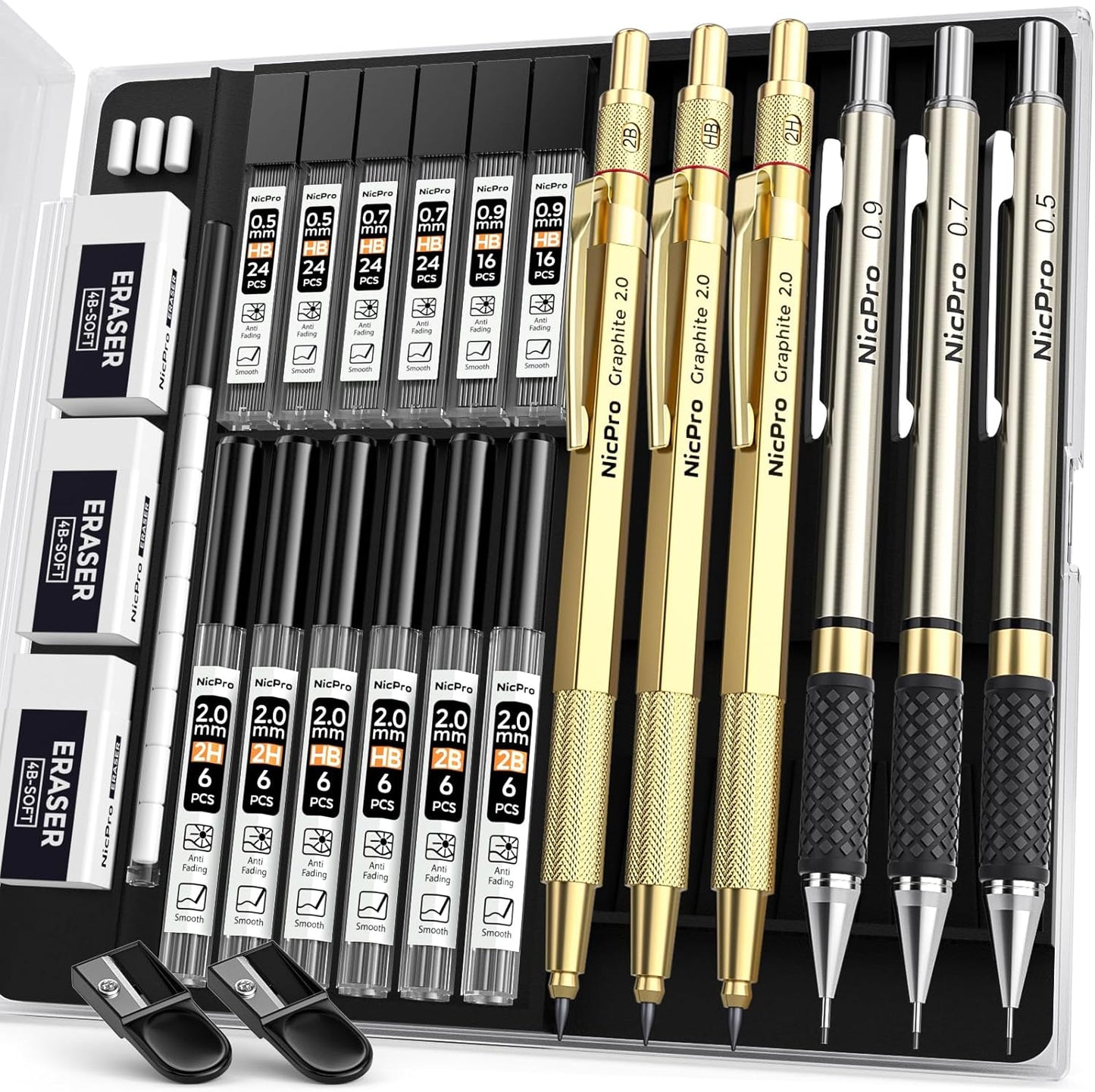 Nicpro Gold Art Mechanical Pencil Set, Metal Drafting Pencil 0.5, 0.7, 0.9mm & 2mm Lead Holder(2B HB 2H) For Sketching Drawing With Lead Refills Case
