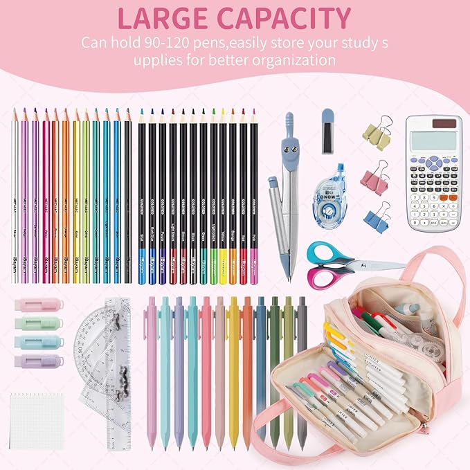 2 Compartment Pencil Case For Girls,Zipper Pencil Bag With Handle, Large Capacity quilting Pencil Pouch Organizer Aesthetic, Womens Soft Pencil Box Marker Pouch For Middle School Office College