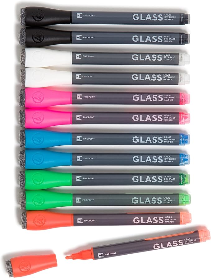 U Brands Fine Tip Liquid Glass Whiteboard Markers with Eraser for Glass Boards, Dry Erase Boards, and Chalk Boards, Assorted Bright Colors, Set of 12