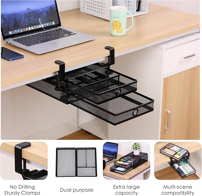 2-Tier Clamp-On Mesh Organizer, Under Desk Storage with Slide-Out Tray, No Drilling Tool-Free Installation, Durable Rust-Resistant Metal, Large-Capacity Organizer.