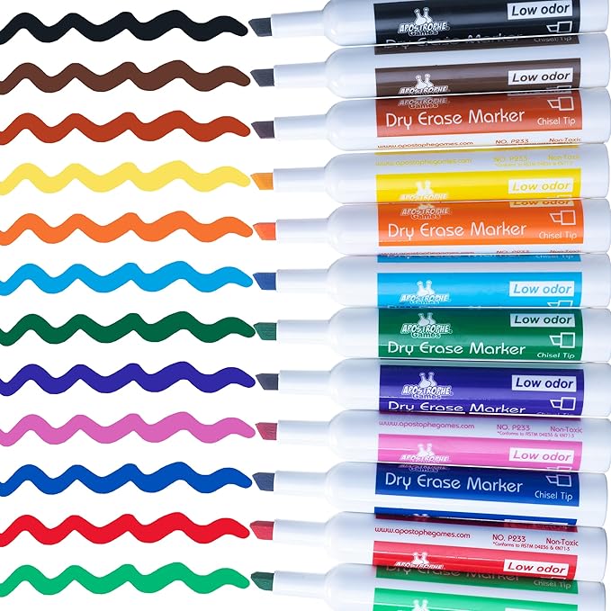 Apostrophe Games Low-Odor Chisel Tip Dry Erase Whiteboard Markers - Multicolor Pen Variety Pack, 12 Colors - Reusable Markers, Wipes Clean