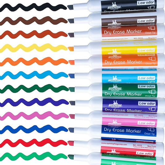Apostrophe Games Low-Odor Chisel Tip Dry Erase Whiteboard Markers - Multicolor Pen Variety Pack, 12 Colors - Reusable Markers, Wipes Clean