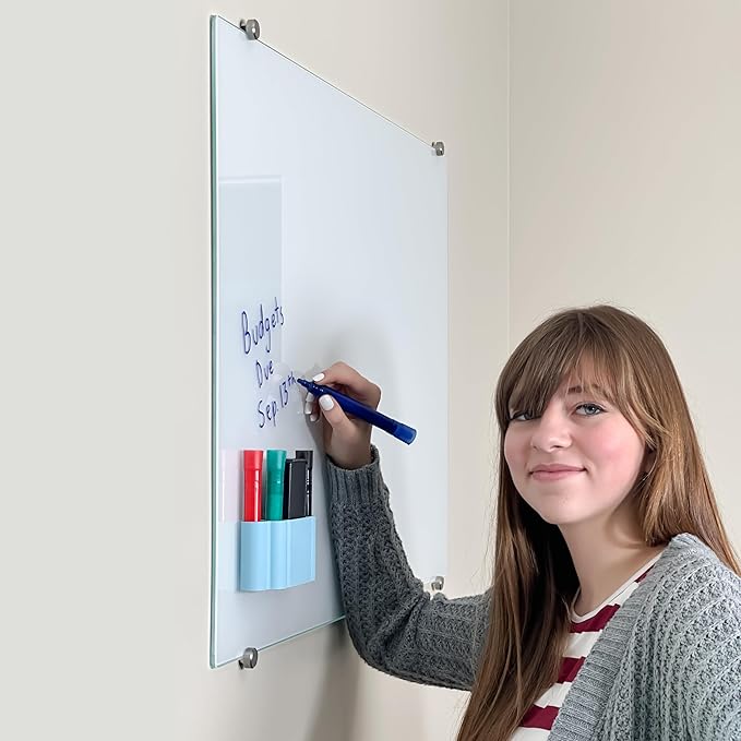 Glassboard Studio Magnetic Dry Erase Marker Holder - Super Strong for Magnetic Glass Whiteboard or Fridge - 2 Large Neodymium Magnets - No Slip Grip - Eco-Friendly PLA Plastic (Ice Blue, KIT)