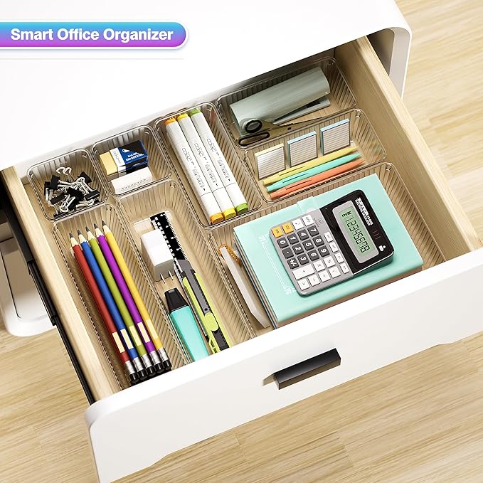 15 PCS Clear Plastic Drawer Organizer Set - 4 Sizes Makeup Organizer Desk Drawer Divider Bathroom Organizers and Storage Bins for Makeup, Jewelry, Gadgets, Office, Kitchen, Bedroom, Bathroom