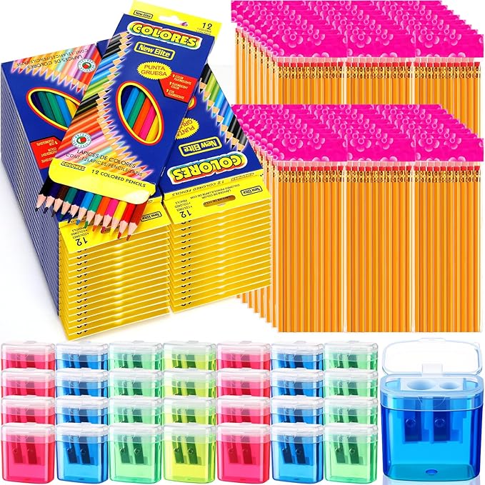 48 Set/1004 Count Operation Christmas Items Bulk for Student Include 576 Count Colored Pencils 480 HB Pencils 48 Pcs Manual Pencil Sharpeners with Lid for Art Classroom School Stationery