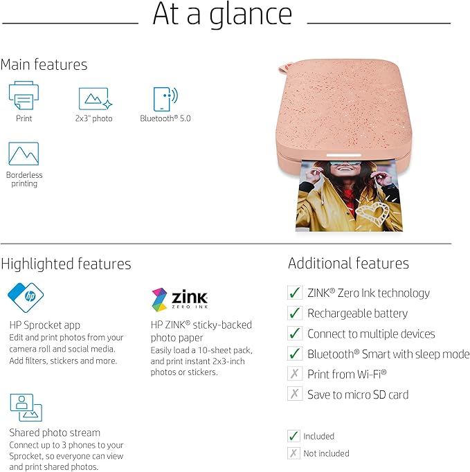 HP Sprocket 2x3" Instant Smartphone Photo Printer - Portable Color Wireless Mobile Printer - Zink Sticky-Back Photos - Print from Compatible iOS & Android Devices with Bluetooth w/Fun App - Pink