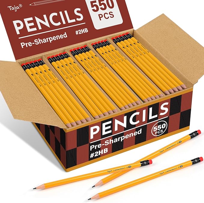 Taja 550 Pack #2 HB Wood-Cased Pencils, Pre-Sharpened with Top Erasers, Bulk Yellow Pencils for School & Classroom