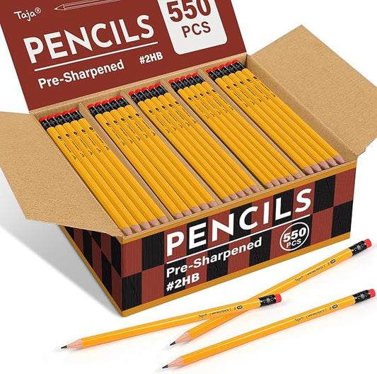 Taja 550 Pack #2 HB Wood-Cased Pencils, Pre-Sharpened with Top Erasers, Bulk Yellow Pencils for School & Classroom