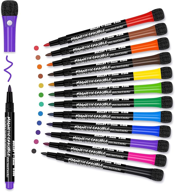 Magnetic Dry Erase Markers Fine: 12 Colors Erasable Whiteboard Markers Fine Point with Eraser Cap, Low Odor White Board Dry Erase Pens Fine Tip for Kids & Teachers, Home, Office and School Supplies