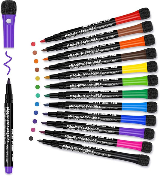 Magnetic Dry Erase Markers Fine: 12 Colors Erasable Whiteboard Markers Fine Point with Eraser Cap, Low Odor White Board Dry Erase Pens Fine Tip for Kids & Teachers, Home, Office and School Supplies