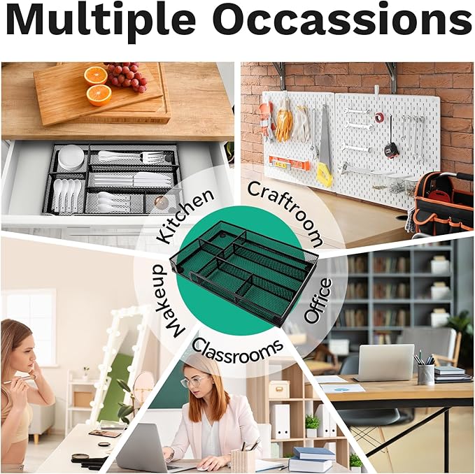 Desk Drawer Organizer Tray Versatile Metal Mesh Desk Organizers and Accessories for Office Supplies, School, Home, 12.60 x 8.66 x 1.77 Inches