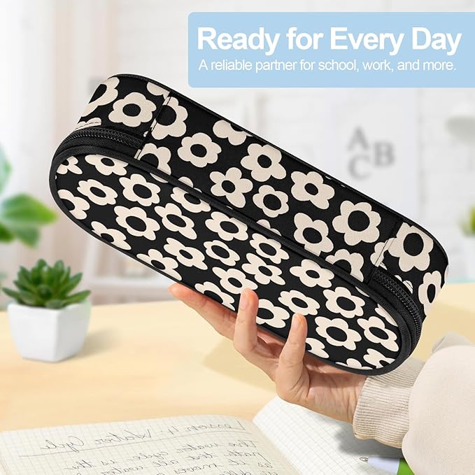 Black with Beige Flower Large Pencil Pouch Big Capacity Cute Pencil Case for Girls Boys Teen Women Men Adult,Portable Kids Pencil Bag with Zipper,Stationery Storage Pen Bag for School Office Organizer