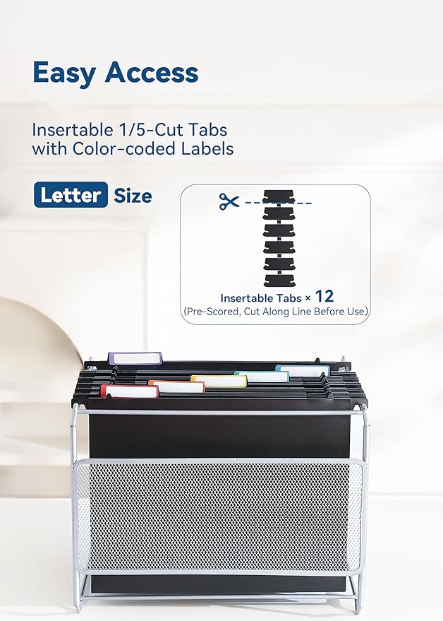 Plastic Extra Capacity Hanging File Folders, 2" Expanding Pocket, Heavy Duty for Filing Cabinet, Insertable 1/5-Cut Tabs, Letter Size - 12 Pack